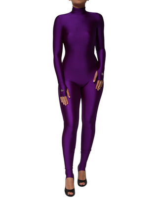 Lila Rollkragen-Bodycon-Jumpsuit aus Nylon