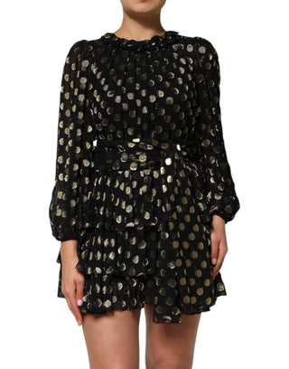 Schwarzgoldfarbenes Mini-Seidenbrokatkleid mit Polka Dots