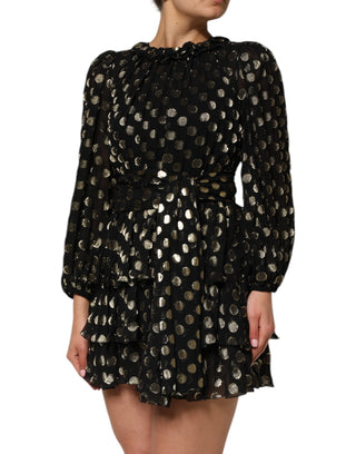 Dark Gray Gold Polka Dot Silk Brocade Mini Dress