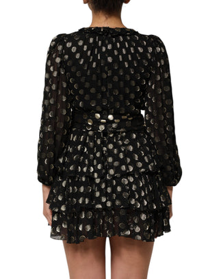 Dark Gray Gold Polka Dot Silk Brocade Mini Dress