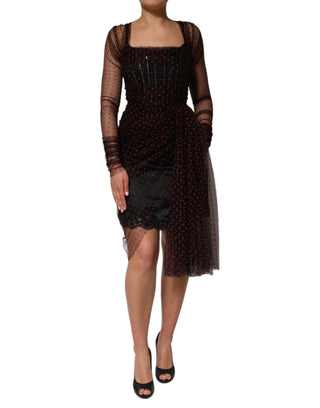 Vestido mini sheath negro con mangas largas y ribete de encaje