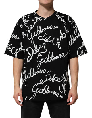Camiseta de algodón negra con cuello redondo y estampado de logo