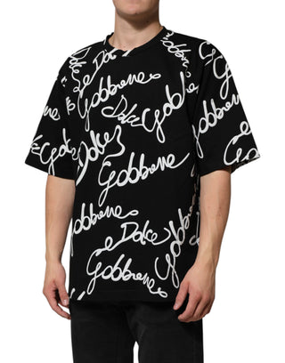 Camiseta de algodón negra con cuello redondo y estampado de logo
