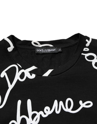 Camiseta de algodón negra con cuello redondo y estampado de logo