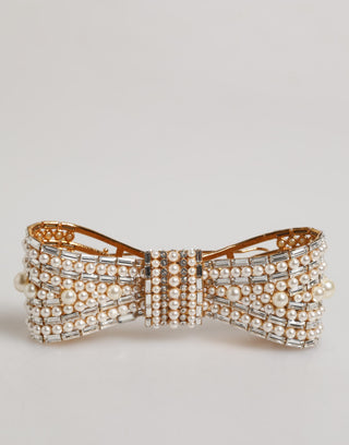Gold Tone Brass Bow Crystal Faux Pearl Embellished Brooch
