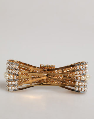 Gold Tone Brass Bow Crystal Faux Pearl Embellished Brooch