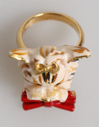 Anillo accesorio para mascota de resina beige con logo de latón dorado