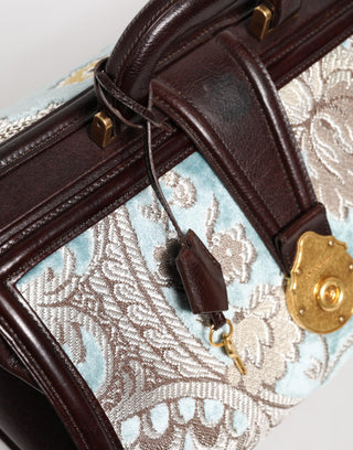 Blaue braune Leder Reisetasche mit Blumen-Jacquardmuster