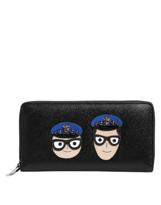 Black Leather #DGFAMILY Zipper Continental Mens Wallet