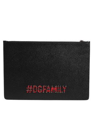 Schwarze Leder-Herrenclutch mit #DGFAMILY-Verzierung