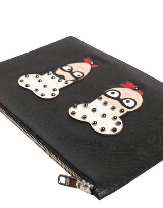 Schwarze Leder-Herrenclutch mit #DGFAMILY-Verzierung