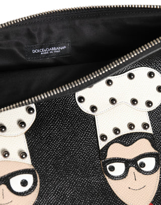 Schwarze Leder-Herrenclutch mit #DGFAMILY-Verzierung