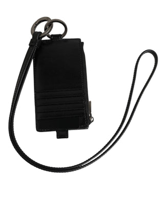 Cartera portatarjetas con cordón de cuero negro con logo en relieve