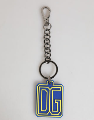 Llavero para hombre con logo DG de goma azul y amarillo con detalles plateados