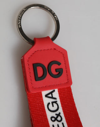 Roter Logo-Polyester-Schlüsselanhänger mit silbernem Messinghalter