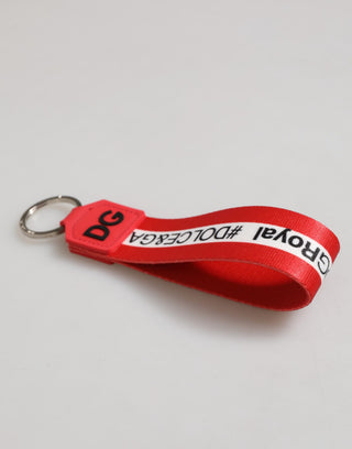 Roter Logo-Polyester-Schlüsselanhänger mit silbernem Messinghalter