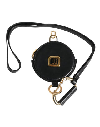 Monedero redondo de cuero negro con logo DG y cordón para llevar