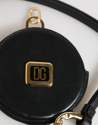 Monedero redondo de cuero negro con logo DG y cordón para llevar
