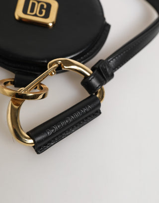 Monedero redondo de cuero negro con logo DG y cordón para llevar