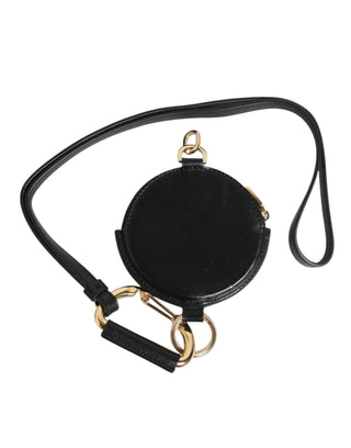 Monedero redondo de cuero negro con logo DG y cordón para llevar