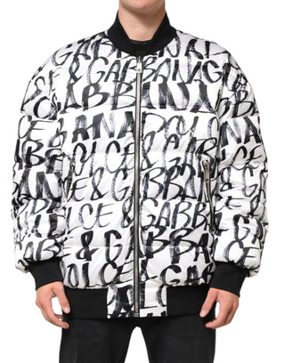 Weiß-Schwarz-Graffiti-Logo-Puffer-Bomberjacke