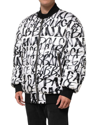 Weiß-Schwarz-Graffiti-Logo-Puffer-Bomberjacke