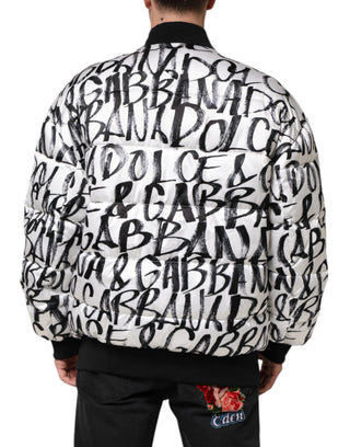 Weiß-Schwarz-Graffiti-Logo-Puffer-Bomberjacke
