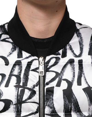 Weiß-Schwarz-Graffiti-Logo-Puffer-Bomberjacke