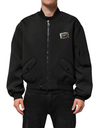 Chaqueta bomber negra de poliéster con placa de logo