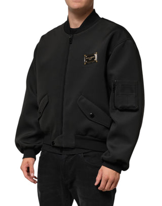 Chaqueta bomber negra de poliéster con placa de logo