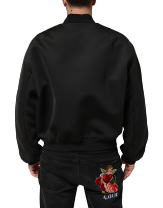 Chaqueta bomber negra de poliéster con placa de logo