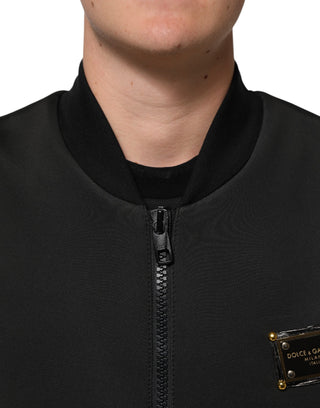 Chaqueta bomber negra de poliéster con placa de logo