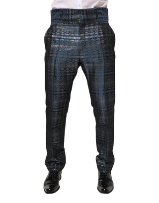 Pantalones ajustados de seda brillante plateada azul para hombre  