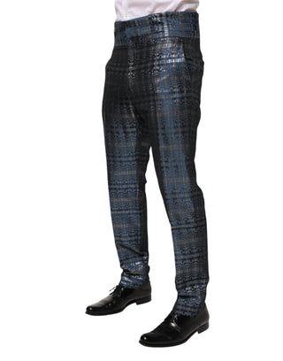 Pantalones ajustados de seda brillante plateada azul para hombre  