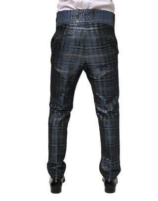 Pantalones ajustados de seda brillante plateada azul para hombre  