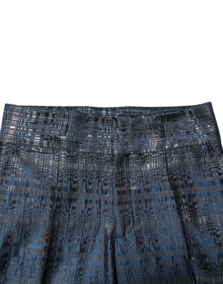 Pantalones ajustados de seda brillante plateada azul para hombre  