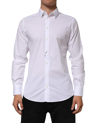 Camisa formal blanca de algodón con mangas largas doradas para hombre  