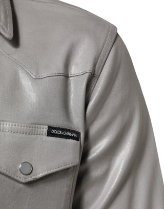 Gray Coated Cotton Snap Button Logo Men Shirt