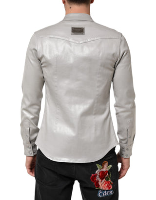 Metallic Gray Cotton Button Down Men Shirt