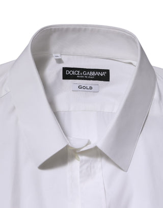 Camisa formal de vestir blanca de algodón con manga larga y detalles dorados  