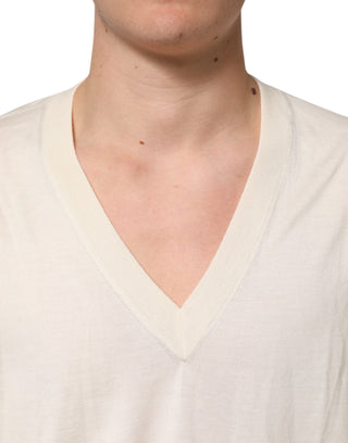 Ivory Virgin Wool Men V-Neck Knit Sweater