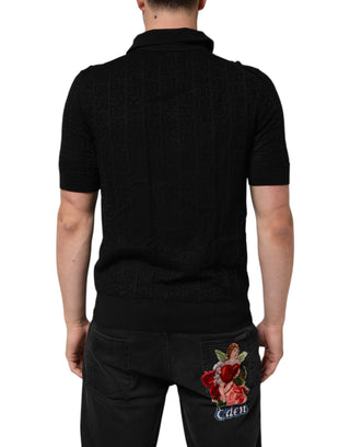 Schwarzes Jacquard-DG-Polo-T-Shirt aus Seide