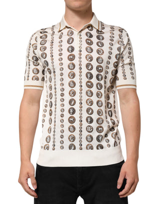 Herren-Poloshirt aus Seide in Elfenbein mit Münz-Print-Logo