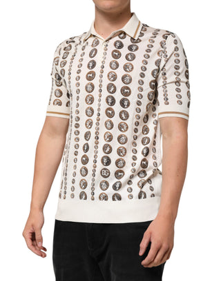 Herren-Poloshirt aus Seide in Elfenbein mit Münz-Print-Logo