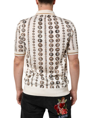 Herren-Poloshirt aus Seide in Elfenbein mit Münz-Print-Logo