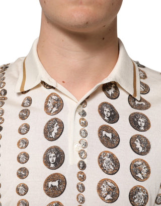 Herren-Poloshirt aus Seide in Elfenbein mit Münz-Print-Logo