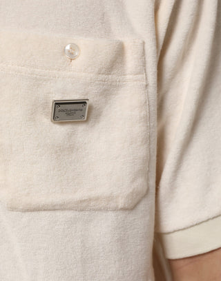 Camiseta tipo polo de algodón marfil con logo y bolsillo de rizo  