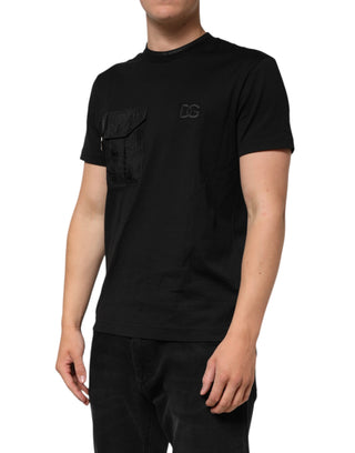 Schwarzes Baumwoll-T-Shirt mit gesticktem DG Logo auf der Tasche
