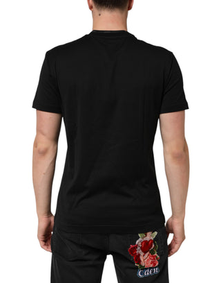 Schwarzes Baumwoll-T-Shirt mit gesticktem DG Logo auf der Tasche
