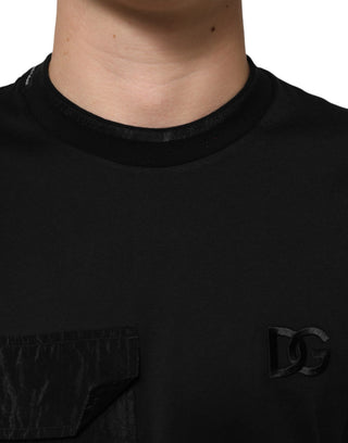 Schwarzes Baumwoll-T-Shirt mit gesticktem DG Logo auf der Tasche